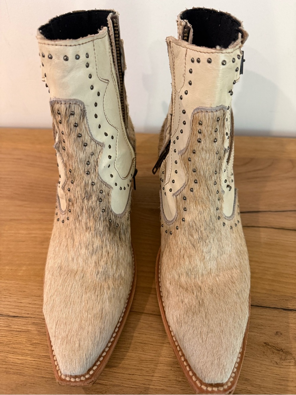 freebird Beige Haircalf Western Ankle Boots with Stud Detailing